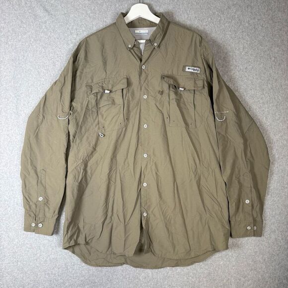 Columbia Mens Size Large Tall Button Front PFG Fishing Shirt Tan Long Sleeve - Picture 1 of 8